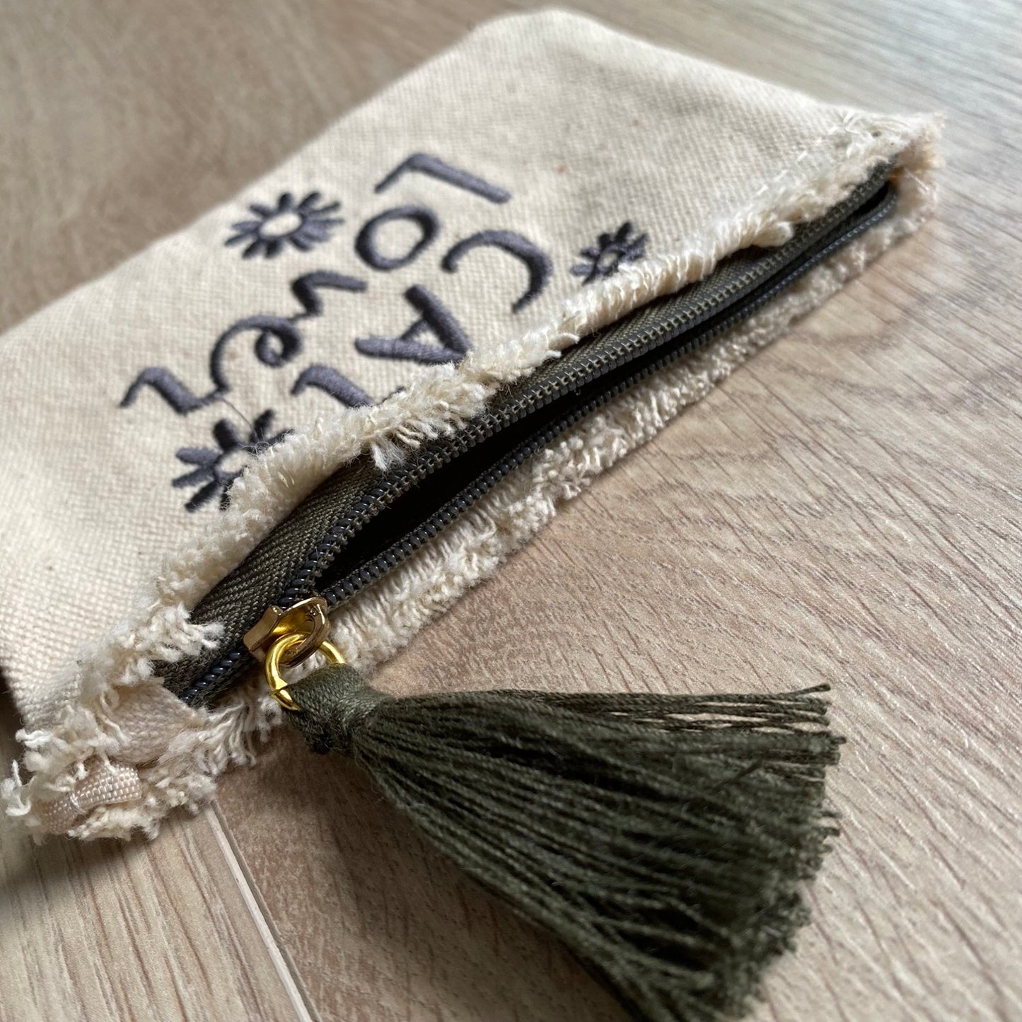 "Cat Lover" Canvas Zip Pouch/Purse - Gray Embroidery